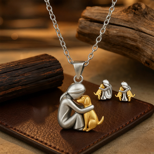 Kleines Mädchen umarmt Hund Ohrstecker + Ohrhänger + Halskette Set