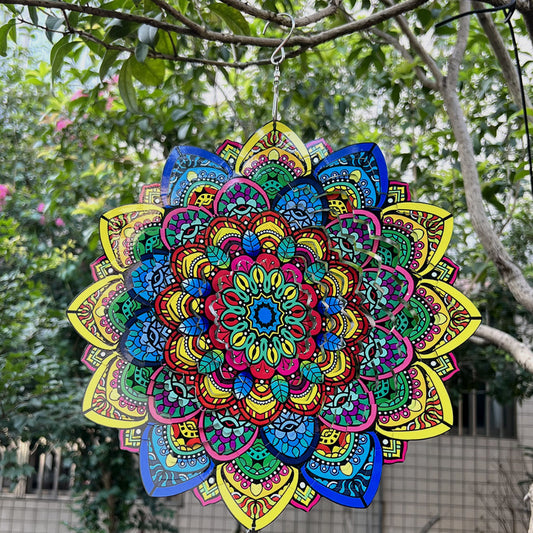 🌈3D-Drehbares Farbenfrohes Windrad – Mandala-Muster Metallanhänger für Garten & Hof