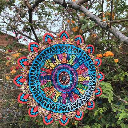 🌈3D-Drehbares Farbenfrohes Windrad – Mandala-Muster Metallanhänger für Garten & Hof
